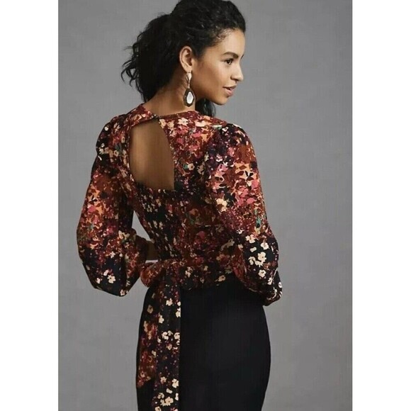 NWT Anthropologie Balloon-Sleeve Blouse Open Back Tie Belt Top Multicolor XXS - Picture 8 of 14